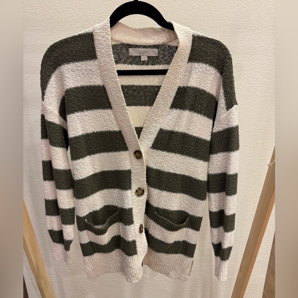 LOFT Women's Cardigan Sweater - Cream and Green Stripes